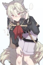  ... 1boy absurdres animal_ear_fluff animal_ears arknights ascot bassline_(arknights) black_shirt blush closed_mouth collared_shirt commentary_request grey_hair hair_between_eyes highres himawari_(kawaisounaedesu) leaning_forward long_hair long_sleeves looking_at_viewer male_focus mole mole_on_leg monochrome nose_blush red_ascot red_eyes shirt shirt_tucked_in shorts simple_background solo spoken_ellipsis sweat tail white_background white_shorts wolf_boy wolf_ears wolf_tail 