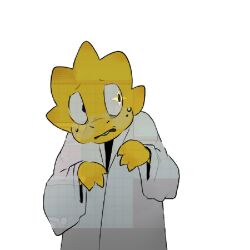  1:1 1girl 2026 2d alphys animal_nose anthro buck_teeth coat colored_skin digital_media dinosaur dinosaur_girl female female_only hands_up lab_coat lizard lizard_girl long_sleeves looking_to_the_side monster monster_girl no_glasses reptile reptile_girl scalie simple_background solo teeth tweakyrmoog undertale upper_body utdr_(toby_fox) variant_set white_background white_coat yellow_skin 