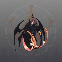  1boy alcor_the_dreambender bill_cipher black_gloves black_sclera black_suit black_tailcoat brown_hair colored_sclera curled_up fezharez floating_hat full_body gloves hat head_wings highres hugging_own_legs male_focus mini_hat mini_top_hat multiple_wings pointy_ears short_hair sigil suit top_hat transcendence_au_(gravity_falls) wings yellow_eyes 