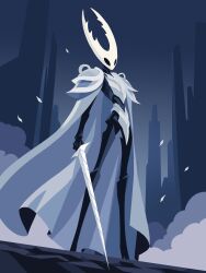  1other armor black_skin cape colored_skin commentary full_body grey_cape highres holding holding_weapon hollow_eyes hollow_knight hollow_knight_(character) horned_mask horns mask nail_(hollow_knight) pure_vessel scrampng shoulder_armor standing weapon white_mask 