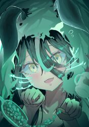  1girl absurdres animal_ears black_hair blush coffee_beans commentary_request cup drawn_whiskers ears_down ears_through_headwear floating floating_object fubuki0603t green_eyes green_hair hair_between_eyes hands_up highres horse_ears horse_girl long_hair_between_eyes manhattan_cafe_(umamusume) mug multicolored_hair open_mouth paw_pose smile solo streaked_hair umamusume yellow_eyes 