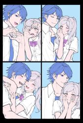  1boy 1girl :d ;) ;d alternate_costume black_border blue_background blue_eyes blue_hair blue_shirt border bow bowtie chrom_(fire_emblem) collared_shirt contemporary couple female_robin_(fire_emblem) fire_emblem fire_emblem_awakening hands_on_own_cheeks hands_on_own_face happy heart heart_hands hetero highres hug long_hair mamamaro_94 one_eye_closed open_clothes open_shirt purple_bow purple_bowtie school_uniform shirt short_sleeves smile twintails white_hair white_shirt 
