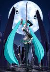  aqua_eyes aqua_hair detached_sleeves full_moon guitar hatsune_miku highres instrument legs long_hair merusen moon skirt speaker thigh-highs thighhighs twintails very_long_hair vocaloid 