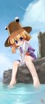  barefoot bird blonde_hair broom broom_riding condensation_trail eyes feet feet_in_water fenne frog from_below hat highres kirisame_marisa moriya_suwako phenne purple_eyes short_hair soaking_feet solo touhou violet_eyes water 