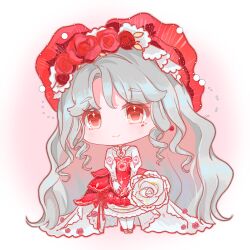  1girl absurdly_long_hair ankle_flower anklet beads bonnet border brown_eyes chibi chinese_commentary classic_lolita closed_mouth commentary_request cross-laced_clothes cross-laced_sleeves dress dress_flower earrings eyelashes eyes_visible_through_hair facepaint flower flower_earrings frilled_dress frilled_headwear frills galuan gloves grey_hair hair_flower hair_ornament hair_through_headwear hands_on_lap happy heart-shaped_bonnet highres if_some_one_loves_a_flower_(infinity_nikki) infinity_nikki jewelry juliet_sleeves layered_dress le_petit_prince light_blush lolita_fashion long_hair long_sleeves nikki_(series) outside_border pantyhose petals pink_background puffy_sleeves red_bonnet red_dress red_flower red_rose ringlets rose round_border shoes sidelocks smile solo sparkling_eyes striped_clothes striped_headwear tareme train_(clothing) vertical-striped_clothes vertical-striped_headwear very_long_hair wavy_hair white_border white_dress white_flower white_gloves white_pantyhose white_rose white_shoes 