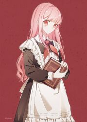  1girl absurdres apron black_dress book brown_eyes buttons chinese_commentary closed_mouth collared_dress commentary_request contrast_collar cowboy_shot dot_nose dress enmaided expressionless frilled_apron frills hamlet highres holding holding_book lace-trimmed_dress lace_trim light_frown long_dress long_hair long_sidelocks long_sleeves maid neckerchief nikki_(nikki) nikki_(series) pink_hair pleated_dress puffy_long_sleeves puffy_sleeves red_background red_neckerchief sanlao1207 sidelocks signature simple_background sleeve_cuffs solo standing very_long_hair wavy_hair white_apron 
