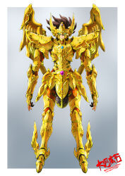  1boy armor arms_at_sides artist_name black_gloves border brown_hair commentary_request couter cuirass cuisses fake_wings faulds floating_hair full_body gloves gold_armor gold_cloth_(saint_seiya) gold_saint gradient_background greaves green_eyes grey_background hair_between_eyes headpiece highres looking_at_viewer male_focus metal_wings original outside_border partially_fingerless_gloves pauldrons poleyn rerebrace sabaton saint_seiya short_hair shoulder_armor signature simple_background solo spiky_hair standing tachi-e taiga_hiroyuki tassets vambraces watermark white_border winged_shoes wings 