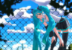  1girl aqua_eyes aqua_hair aqua_nails aqua_necktie black_skirt black_thighhighs chain-link_fence clouds collared_shirt commentary daisy_(flower) feet_out_of_frame fence flower grey_shirt hands_on_own_knees hatsune_miku highres koukou_na_te leaning_forward long_hair looking_at_viewer necktie pleated_skirt shirt skirt sky sleeveless sleeveless_shirt solo thigh-highs twintails very_long_hair vocaloid white_flower 