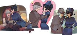  1boy 1girl absurdres alternate_costume black_hair blush commentary deerstalker grey_hair hat highres multicolored_hair police police_hat police_uniform policewoman ponytail red_eyes skirt waoow white_background wise_(zenless_zone_zero) zenless_zone_zero zhu_yuan 
