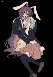  2girls animal_ears black_background black_thighhighs closed_eyes closed_mouth dubiansuhai from_side highres long_hair looking_at_viewer medium_hair multiple_girls open_mouth purple_hair rabbit_ears rabbit_girl red_eyes reisen_(touhou_bougetsushou) reisen_udongein_inaba thigh-highs touhou very_long_hair 