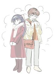  1boy 1girl 88_77k blue_hair boots brown_boots brown_hair coat commentary godai_yuusaku hair_between_eyes highres jacket long_hair long_sleeves looking_at_viewer maison_ikkoku mittens otonashi_kyouko red_coat scarf short_hair simple_background steam untranslatable_commentary white_background white_scarf 