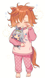  1girl aged_down ahoge animal_ears barefoot blue_eyes blue_sailor_collar character_doll closed_eyes closed_mouth commentary doll full_body grey_hair hair_between_eyes hand_up highres holding holding_doll horse_ears horse_girl horse_tail long_hair long_sleeves neckerchief nnmkmwakaranai oguri_cap_(starlight_beat)_(umamusume) oguri_cap_(umamusume) orange_hair orange_tail pajamas pink_pajamas polka_dot polka_dot_pajamas red_neckerchief sailor_collar shirt short_hair simple_background solo t.m._opera_o_(umamusume) tail twitter_username umamusume untranslatable_commentary white_background white_shirt 