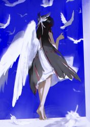  1girl absurdres barefoot bird black_hair blue_sky columbina_(genshin_impact) dove dress facing_away feathered_wings feathers fuyutsuki11 genshin_impact hair_ornament highres index_finger_raised long_hair multicolored_hair no_shoes outstretched_hand pink_hair sky sleeveless spaghetti_strap very_long_hair white_bird white_dress white_wings wing_hair_ornament wings 