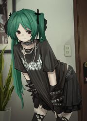  1girl :3 arm_belt arm_warmers belt black_arm_warmers black_belt black_collar black_nails black_shirt black_skirt black_thighhighs chain chain_necklace closed_mouth collar door fishnet_top fishnets green_eyes green_hair hair_intakes hands_on_own_legs highres jewelry kurogaze layered_skirt leaning_forward light_switch long_hair looking_at_viewer nail_polish necklace original pantyhose parted_bangs plant pleated_skirt potted_plant shirt short_sleeves skirt smile solo spiked_collar spikes thigh-highs torn_clothes torn_pantyhose twintails very_long_hair 