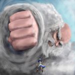  clenched_hand cloud clouds fist grey_hair highres hood kumoi_ichirin punching realistic selaf touhou unzan 