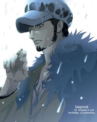  1boy absurdres black_hair blue_coat chest_tattoo closed_mouth coat coat_on_shoulders earrings english_commentary facial_hair fur_coat hat highres jar_(jar_ans) jewelry long_sleeves male_focus one_piece rain shirt short_hair simple_background solo tattoo trafalgar_law upper_body wet white_background white_hat yellow_shirt 