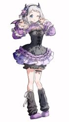  1girl :q absurdres artist_name black_dress black_hairband black_leg_warmers blue_eyes bob_cut character_request colored_petticoat copyright_request dot_nose dress fake_horns frilled_dress frills hairband hands_up highres horn_hairband horns leg_warmers long_sleeves looking_at_viewer migolu mini_wings one_eye_closed paw_pose petticoat purple_nails purple_shoes purple_wings shoes short_dress short_hair simple_background smile solo standing tachi-e tongue tongue_out watermark white_background white_hair wings 