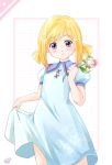  aria blonde_hair blue_dress blush_stickers dress dress_lift flower holding jjapse purple_eyes short_twintails signature smile twintails violet_eyes watermark young 