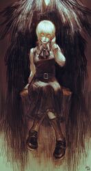  akari_ash belt bird black_shoes black_socks chainsaw_man collared_shirt commentary crow death_devil_(chainsaw_man) dress dress_shirt earrings facing_viewer fami_(chainsaw_man) guillotine_devil_(chainsaw_man) hand_in_own_hair highres jewelry legs_together long_sleeves looking_at_viewer lower_teeth_only neck_ribbon open_mouth orange_eyes partially_colored pinafore_dress ribbon ringed_eyes shirt shoes sitting skirt sleeveless sleeveless_dress socks suspender_skirt suspenders swept_bangs tassel tassel_earrings teeth white_hair 