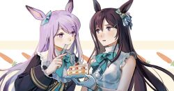  2girls animal_ears aqua_bow aqua_bowtie bare_shoulders black_jacket bow bowtie bracelet breasts brown_hair cake cake_slice carrot center_frills commentary ear_bow eating english_commentary food food-themed_background food_on_face fork frills gloves highres holding holding_fork holding_plate horse_ears horse_girl jacket jewelry long_hair long_sleeves medium_breasts mejiro_dober_(off_the_line)_(umamusume) mejiro_dober_(umamusume) mejiro_mcqueen_(frontline_elegance)_(umamusume) mejiro_mcqueen_(umamusume) multiple_girls plate purple_hair shirt sleeveless sleeveless_shirt umamusume upper_body violet_eyes white_gloves white_shirt yorktown_cv-5 