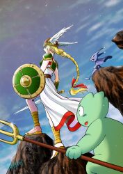  1boy 2girls armor blonde_hair blue_eyes blush braid braided_ponytail capelet cliff colored_skin commentary_request cuirass dress earrings feathered_wings from_below fushimi_yuuri green_armor green_skin hair_ribbon helmet highres holding holding_polearm holding_shield holding_sword holding_weapon jewelry krino_sandra long_hair multiple_boys multiple_girls outdoors pauldrons polearm profile red_ribbon ribbon sabine_(vnd) sandals shield shoulder_armor signature single_braid sky sword tassel tassel_earrings trident valkyrie valkyrie_(vnd) valkyrie_no_densetsu vambraces weapon white_dress white_wings winged_helmet wings 