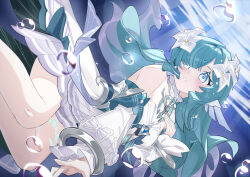  1girl absurdres air_bubble bare_shoulders blue_eyes blue_hair blush breasts bubble detached_sleeves dress dy_kai fins flower genshin_impact green_hair hair_flower hair_ornament hair_over_one_eye head_fins highres leg_tattoo long_hair parted_lips shell shell_hair_ornament solo tattoo underwater vodyanitsa_(genshin_impact) white_dress white_sleeves 
