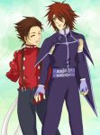   brown_hair buttons closed_eyes father_and_son fingerless_gloves hand_holding interlocked_fingers kratos_aurion lloyd_irving male redhead short_hair smile tales_of_symphonia  