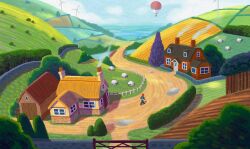  1boy aircraft beanie bridge building chimney clouds concept_art day door fence field gate grass hat hedge hill hot_air_balloon house james_turner male_focus official_art outdoors perimeter_wall pokemon pokemon_(creature) pokemon_sword_and_shield river scenery sheep sky smoke standing tree water wind_turbine window wooloo 