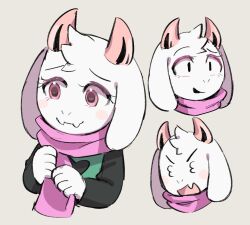  1boy 3_3 animal_ears blush commentary_request deltarune eyeshadow fang furry furry_male goat_boy goat_ears goat_horns green_robe heart heart_print horns makeup multiple_expressions nomu_poncha pink_eyes pink_eyeshadow pink_horns pink_scarf ralsei robe scarf simple_background utdr_(toby_fox) white_fur 