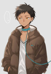  ... 1boy animal_collar brown_hair brown_jacket collar collarbone commentary_request dark-skinned_male dark_skin down_jacket earrings grey_background hands_in_pockets highres jacket jewelry kikuchi_ryou leash looking_to_the_side male_focus natsume_(kaza_midori72) orange_eyes sekai_metsubou_kyouyuu_gensou_mamiya serious shirt short_hair solo speech_bubble upper_body v-neck very_short_hair white_shirt 