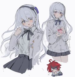  1boy 1girl ahoge cardigan highres inagoinaire jacket kashimiya_karua long_hair multicolored_hair multiple_views neck_ribbon open_mouth purple_ribbon red_hair ribbon simple_background smile streaked_hair sumino_takumi the_hundred_line_-last_defense_academy- very_long_hair violet_eyes wavy_hair white_background white_cardigan white_hair white_jacket 