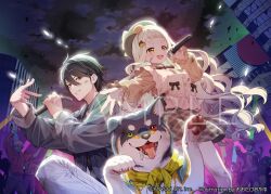  >:) 1boy 1girl artist_name black_hair black_hat black_shirt blonde_hair bow bowtie breasts brown_skirt city clouds collared_shirt commentary company_name copyright_notice dirty dirty_clothes dirty_face dog gonzalez_(machita_chima) green_eyes grin hat heterochromia holding holding_microphone kokumucho_(nijisanji) kuroi_shiba long_hair long_sleeves machita_chima microphone night nijisanji official_alternate_costume official_art okanoyuno orange_shirt outdoors pants pantyhose red_eyes sample_watermark scarf shiba_inu shirt short_hair skirt smile squatting standing thick_eyebrows v-shaped_eyebrows virtual_youtuber w watermark white_pants white_pantyhose yellow_eyes yellow_scarf yumeoi_kakeru zombie 