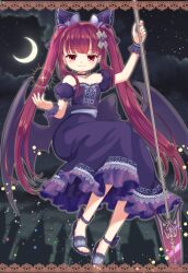  alternate_costume alucard_lore black_shoes black_wings bow commentary_request crescent_moon cross_hair_ornament dress emil_chronicle_online frilled_bow frills hair_ornament high_heels holding holding_polearm holding_weapon iris_anemone long_hair low_wings moon night polearm purple_bow purple_dress purple_wrist_cuffs red_eyes shoes strapless strapless_dress twintails vampire waist_bow weapon wings wrist_cuffs 