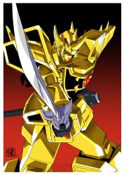  aqua_eyes armor artist_name black_background border chest_jewel commentary gem goldran gradient_background highres holding holding_sheath holding_sword holding_weapon horns joints looking_at_viewer mecha no_humans no_pupils ootsuka_ken ougon_yuusha_goldran red_background red_gem robot robot_joints scabbard science_fiction sheath shoulder_armor signature single_horn sword weapon yuusha_series 