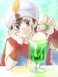  1boy ayasetaru black_eyes black_hair blue_background cape commentary_request creature cup daikaijuu_monogatari drinking_glass drinking_straw drooling elbow_rest feathers fins fire_shell_hero_(daikaijuu_monogatari) food hand_on_own_cheek hand_on_own_face hands_up hat_feather head_fins head_rest highres holding holding_creature holding_mini_person hurricane_glass ice_cream ice_cream_float ice_cream_spoon kaijuu_monogatari_(series) looking_at_creature looking_at_food male_focus mini_person mouth_drool open_mouth poyon_(kaijuu_monogatari) red_cape short_hair smile spoon turban upper_body white_turban wristband yellow_feathers 