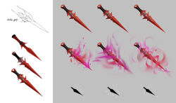  1girl arrow_(symbol) commentary concept_art dagger dongho_kang dota_(series) dota_2 english_commentary english_text fingernails glowing glowing_weapon grey_background holding holding_dagger holding_knife holding_weapon knife long_fingernails official_art queen_of_pain_(dota) reference_sheet sketch sketch_inset solo weapon weapon_focus 