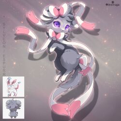  animal_focus bow closed_mouth commentary english_commentary espurr fakemon fusion heart highres leoiruga looking_at_viewer no_humans pink_fur pokemon pokemon_(creature) pokemon_focus ribbon simple_background smile sylveon tail violet_eyes white_fur 