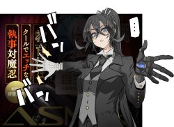  ... 1girl absurdres black_hair black_jacket blue_eyes breasts commentary_request crossdressing crossdressing_(mtf) crossed_bangs fuuma_amane gloves grey_vest hair_between_eyes high_ponytail highres jacket long_hair mechanical_arms medium_breasts ponytail prosthesis prosthetic_arm shindol single_glove single_mechanical_arm solo speech_bubble taimanin_(series) taimanin_rpgx translation_request triangle_mouth tuxedo upper_body very_long_hair vest 