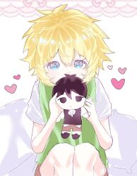  1boy antenna_hair basil_(faraway)_(omori) basil_(omori) blonde_hair blue_eyes brown_shorts character_doll collared_shirt commentary doll double-parted_bangs green_sweater_vest hair_between_eyes heart highres holding holding_stuffed_toy knees_up looking_at_viewer male_focus omori seamussels shirt short_hair short_sleeves shorts sidelocks solo stuffed_toy sunny_(omori) sweater_vest untranslatable_commentary white_shirt 
