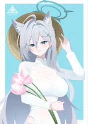  1girl absurdres ao_dai blue_archive blue_eyes blue_halo commentary commission english_commentary flower grey_hair halo hand_up highres long_hair looking_at_viewer lotus onigiri716 pixiv_commission shiroko_terror_(blue_archive) simple_background solo vietnam 