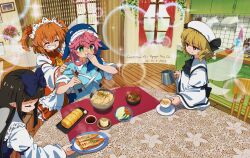  4girls ^_^ artist_name ascot black_bow black_bowtie blonde_hair blue_bow blue_dress blue_hat blue_shirt blush bow bowl bowtie brown_hair chair chopsticks closed_eyes closed_mouth coffee coffee_pot commentary_request commission cup dated dress drill_hair eating fairy fairy_wings flower food food_request frilled_sleeves frills green_eyes grin hair_bow hat headdress highres holding holding_chopsticks holding_coffee_pot indoors lens_flare long_hair long_sleeves luna_child medium_hair multiple_girls okunoda_miyoi omelet on_chair orange_eyes orange_hair pink_flower pink_hair pointy_ears red_bow red_flower red_skirt saucer shirt short_sleeves skirt smile soy_sauce star_sapphire sunny_milk suteruko table tamagoyaki tofu touhou vase whale_hat white_dress white_hat white_shirt wide_sleeves wings yellow_ascot 