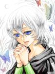  blue_eyes butterfly character_request female interlocked_fingers long_hair praying solo white_hair 