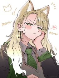  1girl animal_ears black_robe blonde_hair blush cardigan cat_ears closed_mouth comifur commentary curled_fingers earrings english_commentary eyelashes genderswap genderswap_(mtf) green_eyes green_hood green_necktie grey_shirt hair_over_shoulder hand_on_own_chin harry_potter_(series) heart highres hogwarts_school_uniform hood hood_down hoop_earrings jewelry long_hair looking_at_viewer malfoid necktie raised_eyebrow robe school_uniform shirt simple_background slytherin solo speech_bubble striped_clothes striped_necktie upper_body white_background wizarding_world 