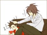  brown_hair couch father_and_son hand_on_head kratos_aurion lloyd_irving nintendo_ds short_hair simple_background sitting tales_of_symphonia translation_request 