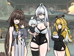  3girls ahoge animal_ear_fluff animal_ears arutemisu180 baby belle_(zenless_zone_zero) black_unitard brown_tail carrying carrying_baby carrying_person chinese_clothes colored_inner_hair droopy_ears fluffy_tail fox_girl green_eyes high-waist_shorts highres jacket ju_fufu mole mole_on_chest mother_and_child multicolored_hair multiple_girls parent_and_child pregnant shorts striped_fur striped_hair tail thigh_strap tiger_ears tiger_girl tiger_stripes tiger_tail unitard ye_shunguang yellow_jacket yixuan_(zenless_zone_zero) zenless_zone_zero 
