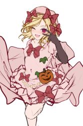  1girl absurdres bare_legs beads beret black_gloves blonde_hair blush bonnet bow dress elbow_gloves fang frilled_dress frills gem gloves hair_bow hand_on_own_face hat highres jack-o'-lantern lambdadelta layered_dress leaf lineart looking_at_viewer mob_cap one_eye_closed open_mouth orchid_(orukido) partially_colored pearl pink_dress pink_eyes pink_hat puffy_sleeves pumpkin red_bow short_hair short_sleeves simple_background single_glove sketch smile solo thighs umineko_no_naku_koro_ni v wavy_hair white_background 