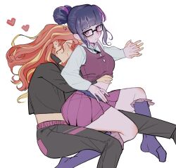  2girls amazingpuffhair black-framed_eyewear black_pants black_shirt blonde_streaks blush closed_eyes closed_mouth commentary crop_top cuddling english_commentary frilled_socks frills glasses hair_bun happy highres holding_hands hug hug_from_behind interlocked_fingers long_hair long_sleeves loving_aura miniskirt multicolored_hair multiple_girls my_little_pony my_little_pony:_equestria_girls my_little_pony:_friendship_is_magic no_shoes pants parted_lips pink_eyes pink_skirt pink_streaks pink_vest pleated_skirt purple_hair purple_socks rectangular_eyewear red_hair shirt simple_background single_hair_bun skirt socks streaked_hair sunset_shimmer sunset_shimmer_(human) twilight_sparkle twilight_sparkle_(human) vest white_background white_shirt yuri 