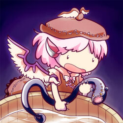  1girl animal_ears bird_ears brown_dress brown_hat bucket commentary_request dress feathered_wings fish hat lamprey mystia_lorelei open_mouth partial_commentary pinafore_dress pink_hair purple_background purple_wings shirt short_hair sleeveless sleeveless_dress sleeves_rolled_up smile solid_oval_eyes touhou upper_body uriah-oyu water white_shirt winged_hat wings wooden_bucket 