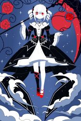  1girl absurdres asymmetrical_legwear bare_shoulders black_dress blue_background closed_mouth clouds commentary dress drill_hair flower full_body gothic_lolita hair_ornament highres holding holding_scythe holding_weapon juliet_sleeves kneehighs limited_palette lolita_fashion long_sleeves looking_at_viewer moon puffy_sleeves red_eyes red_flower red_moon red_rose rose saila scythe shoes sky socks solo star_\(sky\) thigh-highs tlipoca twin_drills untranslatable_commentary weapon white_hair white_thighhighs wide_sleeves 
