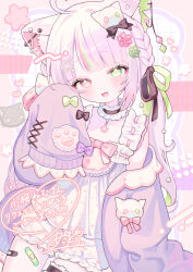  1girl :3 absurdres animal_ear_fluff animal_ear_piercing animal_ears bloomers camisole cardigan cat_ears collar detached_collar frilled_thigh_strap green_eyes green_streaks ham3c heterochromia highres looking_at_viewer multicolored_hair open_cardigan open_clothes open_mouth original paw_pose pink_eyes pink_hair purple_cardigan sleepwear sleeves_past_fingers sleeves_past_wrists smile solo streaked_hair thigh_strap white_bloomers white_camisole white_collar 